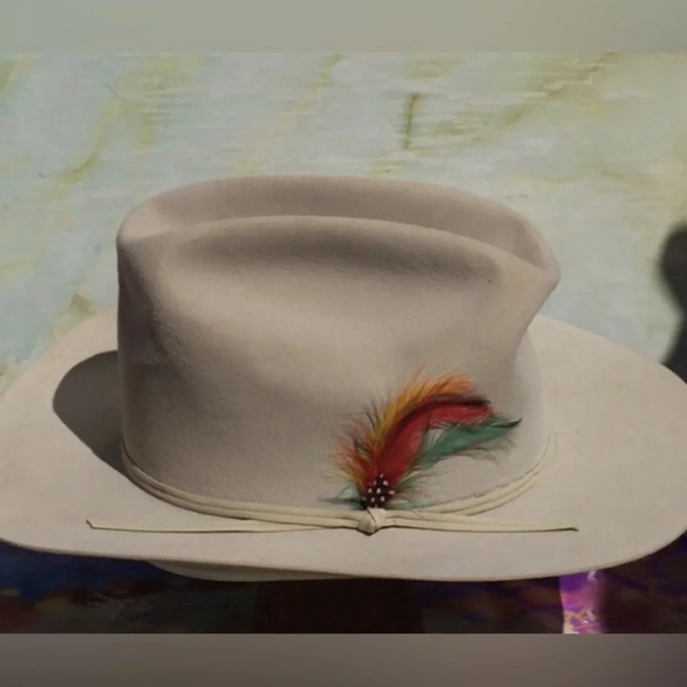 Vintage Off White Feather Accent Wool Felt  Rancher Hat